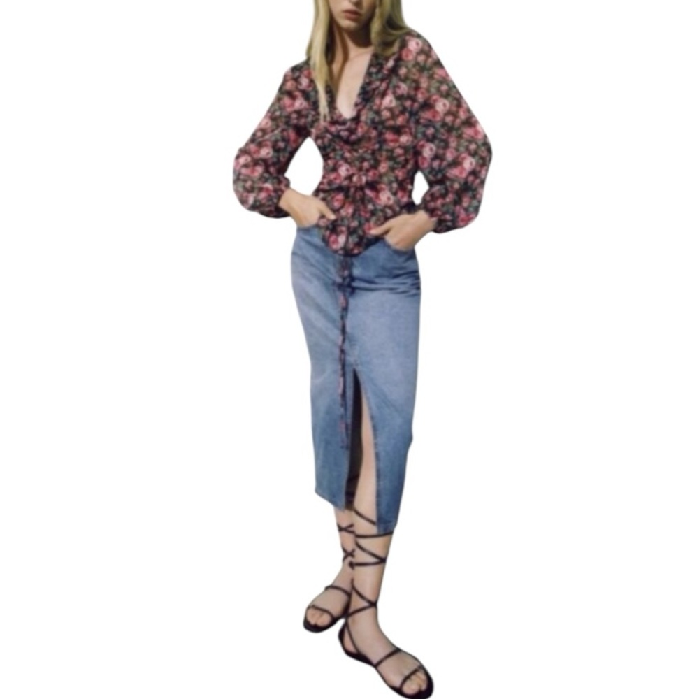Zara Floral Sheer Corset Tie Ruched Blouse Long Sleeve Size S NWT Cottagecore - Picture 5 of 8